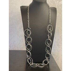 Long Silver Necklace With Textured Interlocking Rings & Lobster Claw Clasp